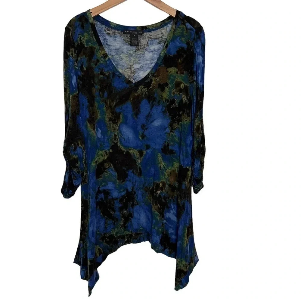 Grace Elements‎ 1X blue brown green watercolor print 3/4 sleeve shark bite top